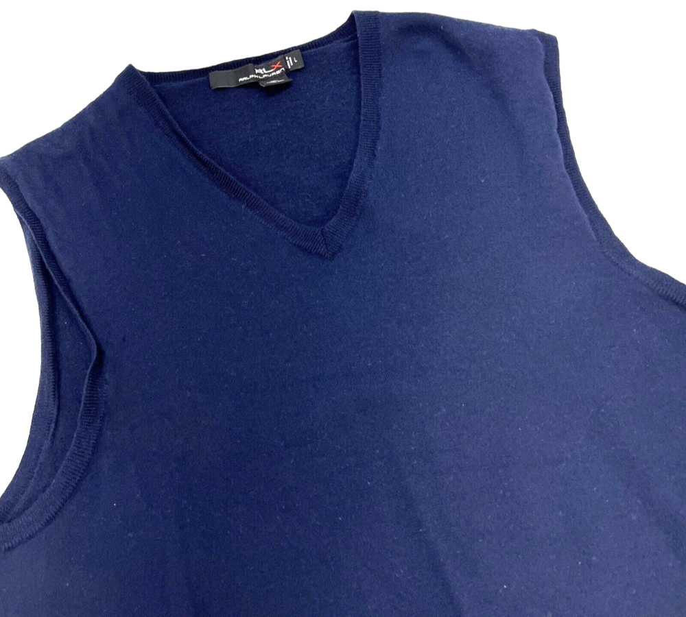 RLX Ralph Lauren V Neck 100% Merino Wool Sleeveless Vest Men’s L Navy (shrunk)
